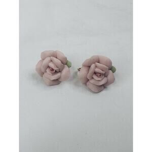 Vintage Pink Porcelain Rose Flower Clip On Earrings Cottagecore romantic